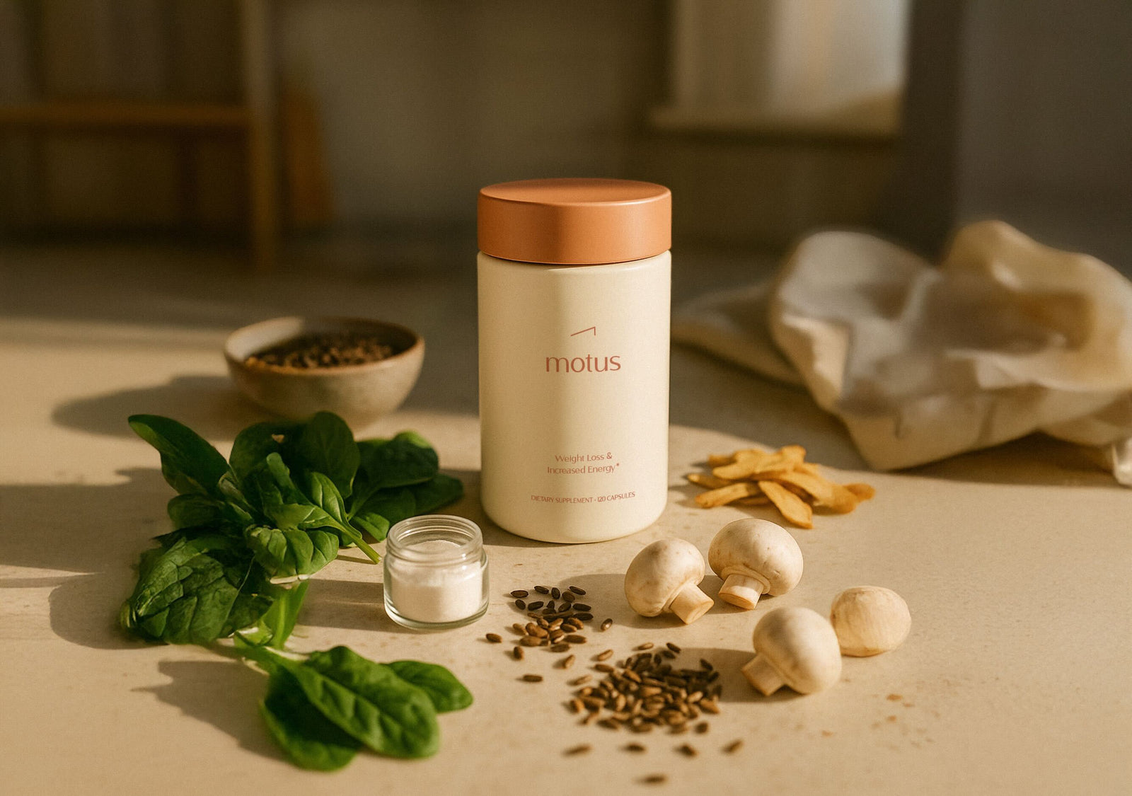 motus weight loss supplement beside vegetables on kitchen counter