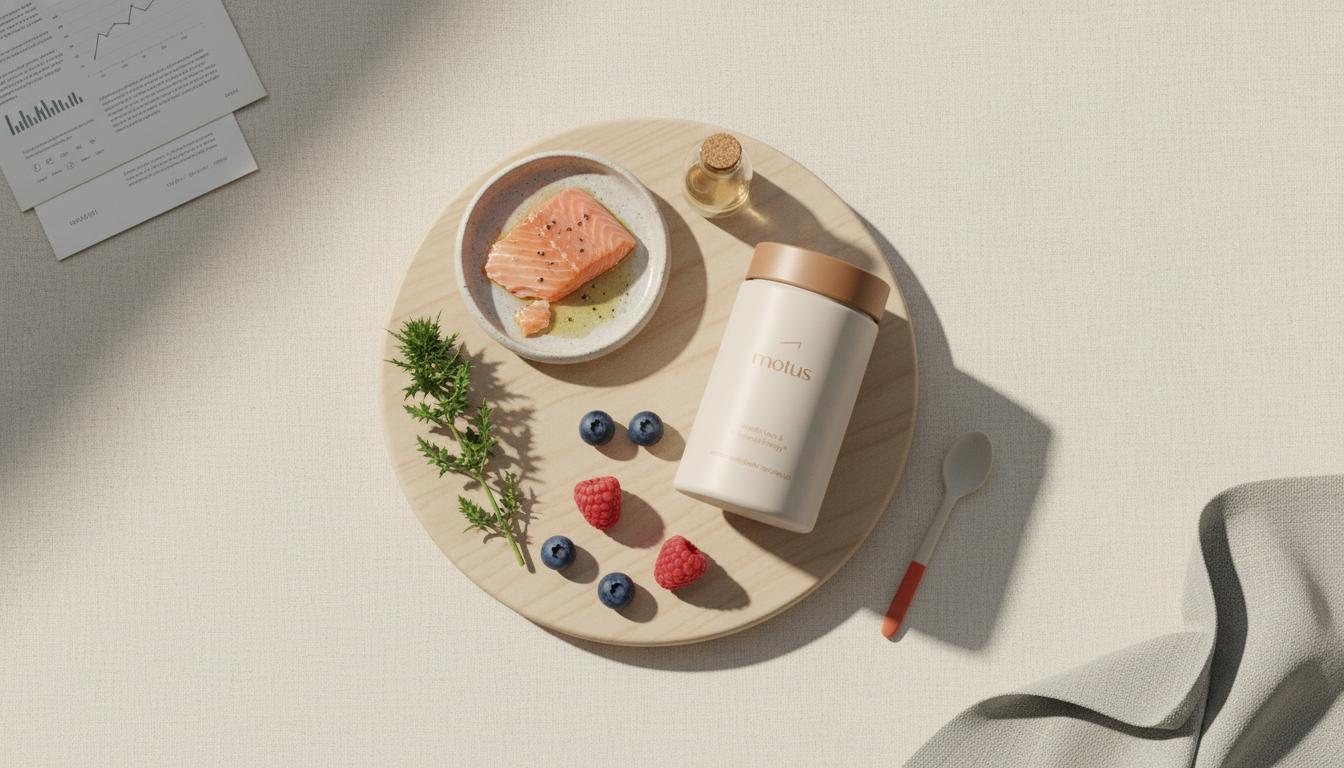 Minimalist flat-lay showing brain-healthy items—fish, milk thistle, berries—and the Nouro supplement on a round wooden board, evoking vitamins for memory.