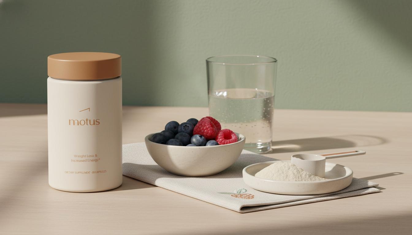 Minimalist kitchen countertop with a Motus supplement jar beside a bowl of berries, a glass of water and a ceramic scoop of thermogenic protein powder in soft natural light.