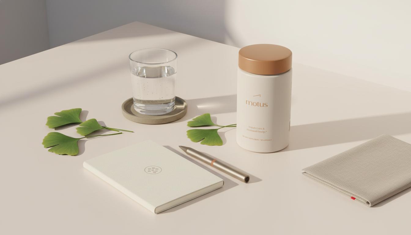Minimalist tabletop with Tonum supplement jar, Ginkgo leaves, notebook and water glass — Is Ginkgo Biloba FDA approved? visual for a health article.