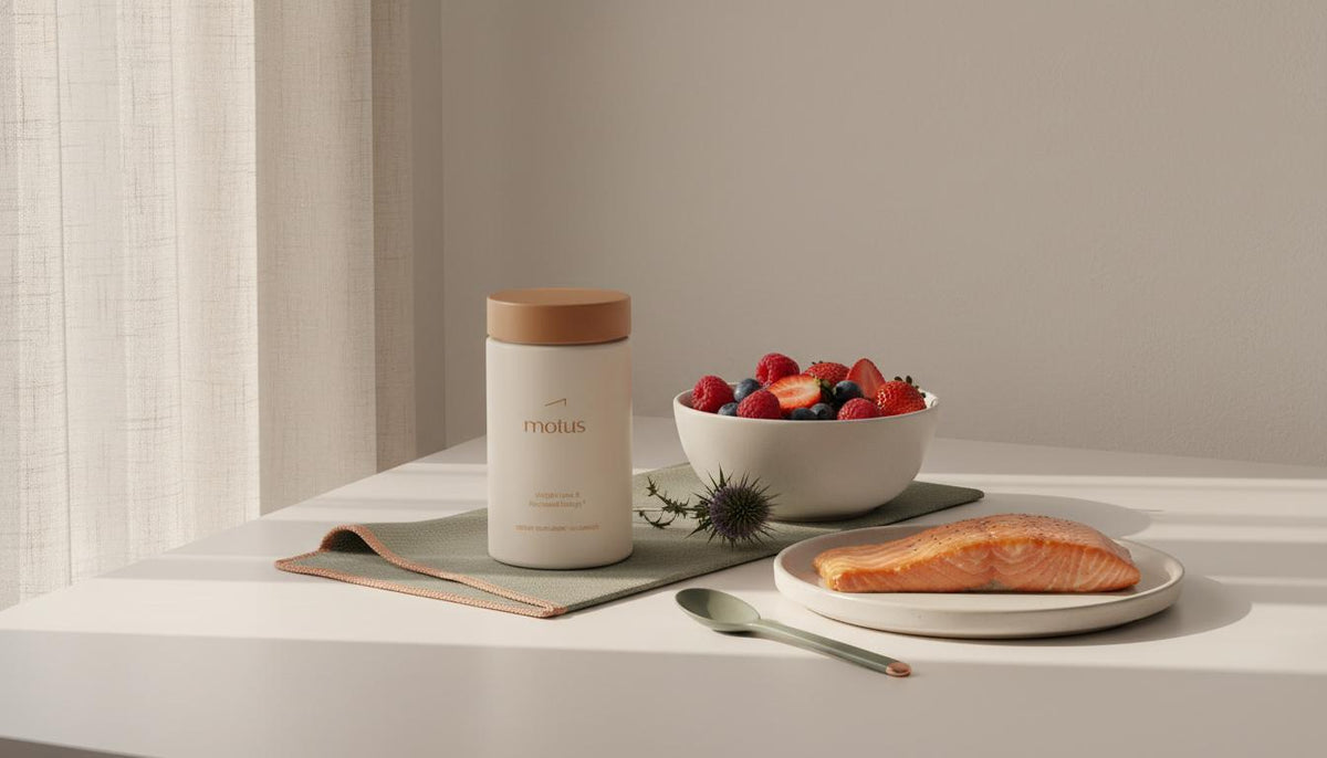 Minimalist kitchen still life with Tonum supplement jar, bowl of berries and salmon fillet on a pale beige table — best thing for memory and focus