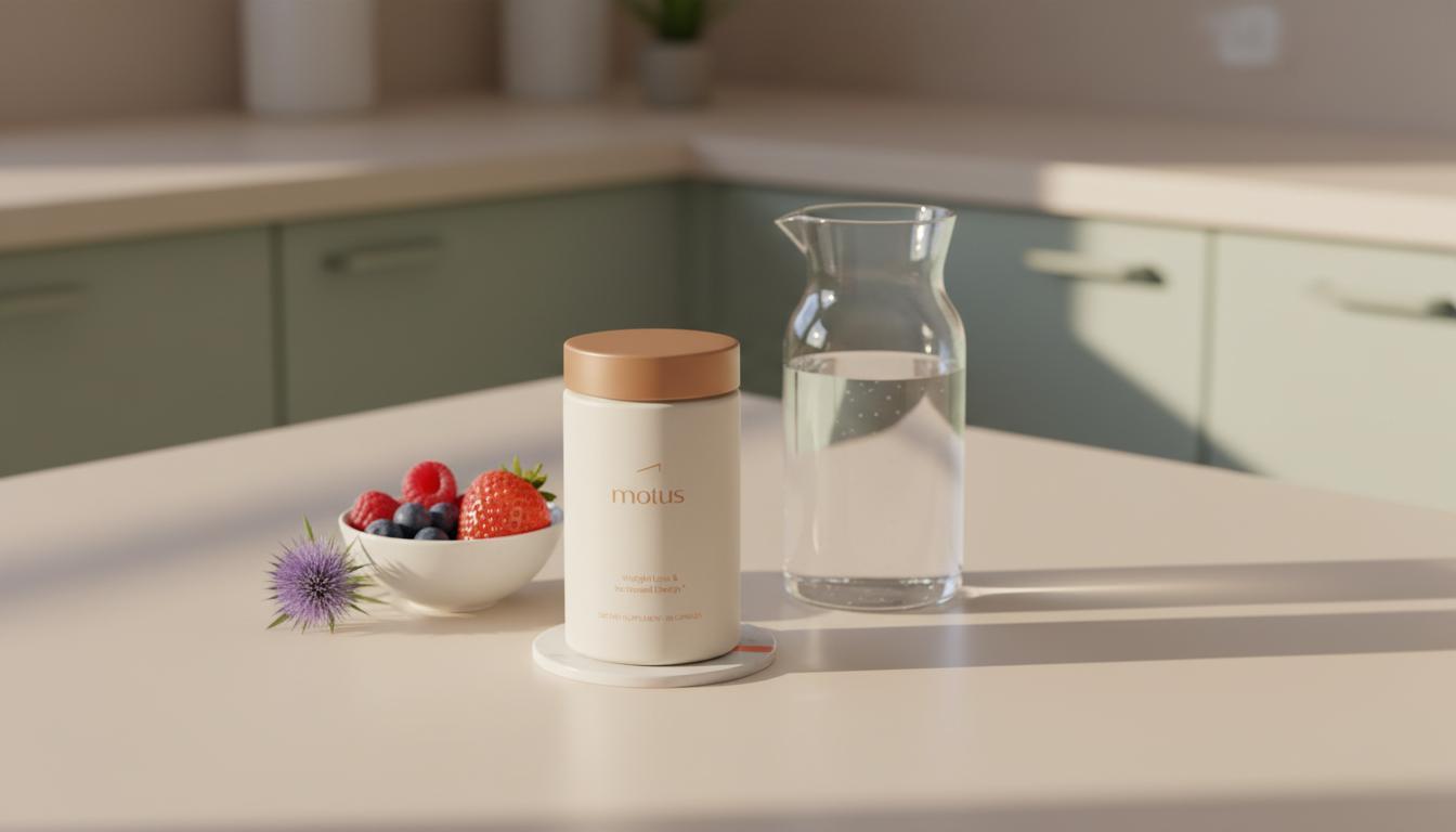 Minimalist kitchen scene with Tonum Motus bottle beside a carafe, berries and milk thistle, conveying calm scientific wellness and safe weight loss medications for adults.