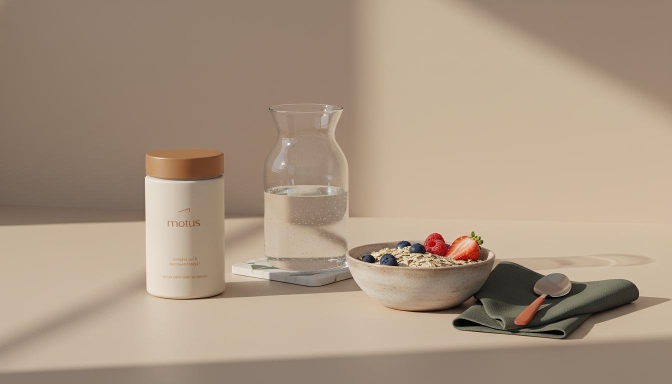 Tonum Motus supplement jar beside a carafe of water and a bowl of berries and oats on a beige counter, visual accompaniment for what foods are bad for metabolic syndrome