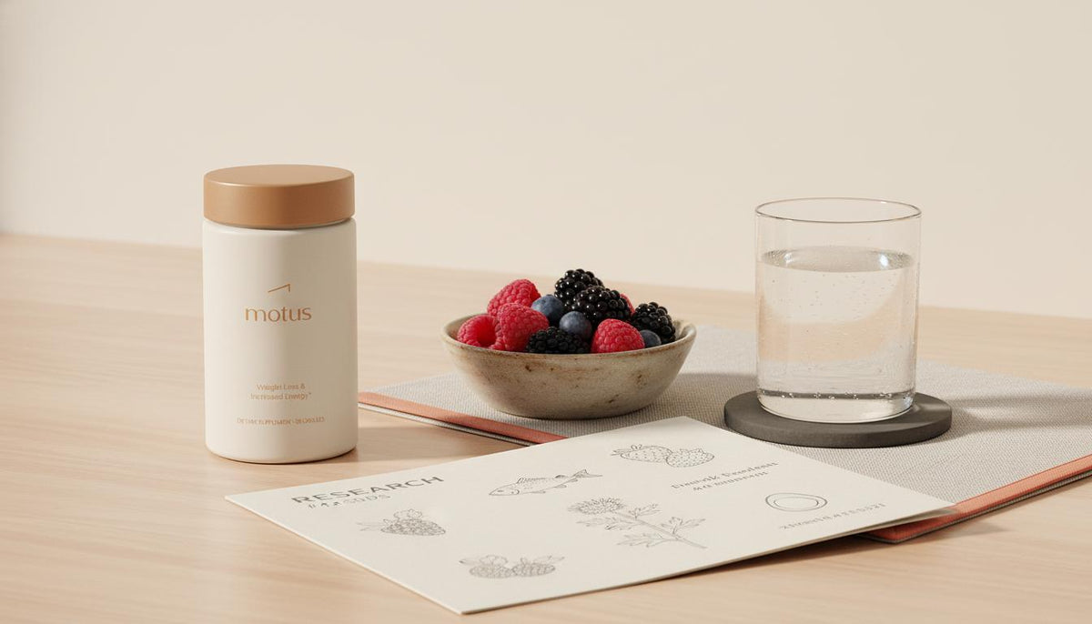 Minimalist kitchen counter scene with Motus supplement jar beside berries, research pamphlet and glass of water illustrating what is the number one nutrition shake in the world in a calm Tonum style.