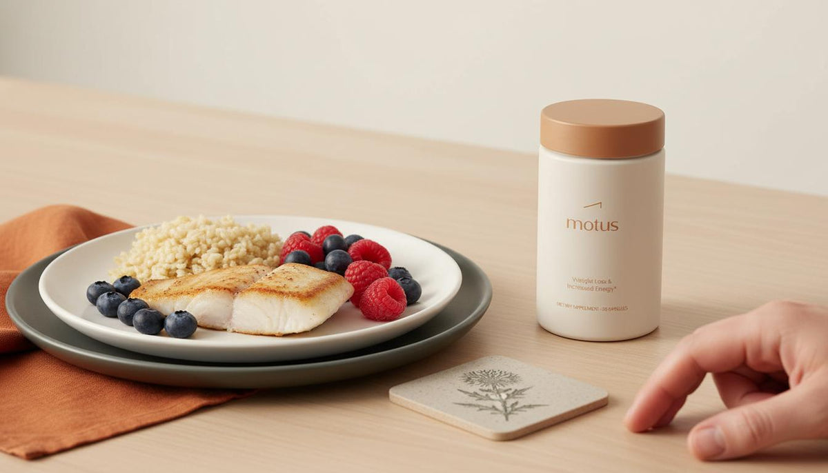 Minimalist wooden table with a balanced plate of lean fish, whole grains and berries and a Tonum Motus supplement bottle to the side, conveying nutrition and routine (motus supplement).