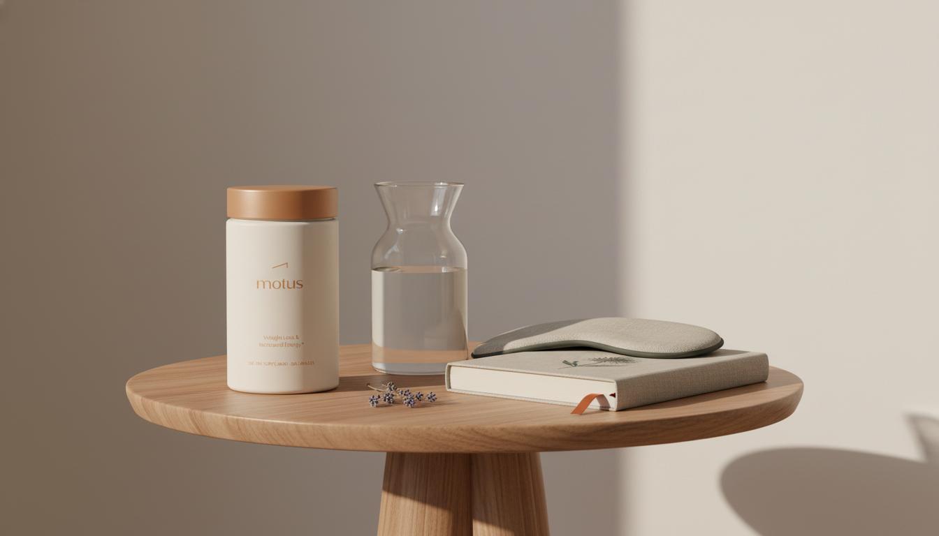 Minimalist bedside scene with Tonum supplement jar, carafe of water, closed sleep journal, eye mask and herb sprig on a #F2E5D5 background — how quickly does magnesium glycinate work