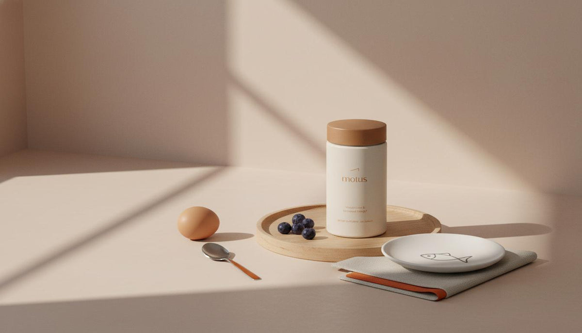 Minimal kitchen counter with Tonum Motus bottle on a wooden tray beside an egg, berries and a fish icon plate in soft natural light, suggesting lose moobs fast