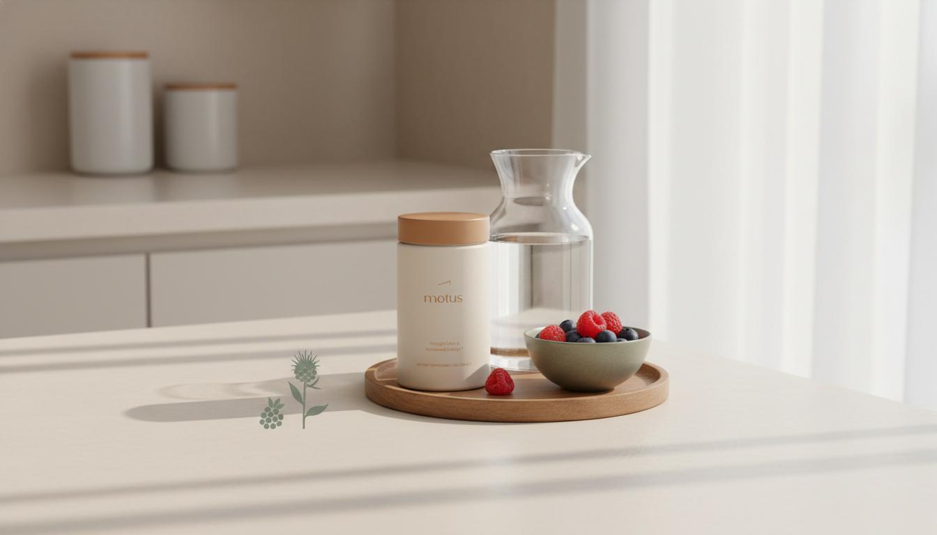 Minimalist morning kitchen scene with Motus supplement jar on wooden tray, carafe of water and bowl of berries on Tonum palette, signs of fast metabolism