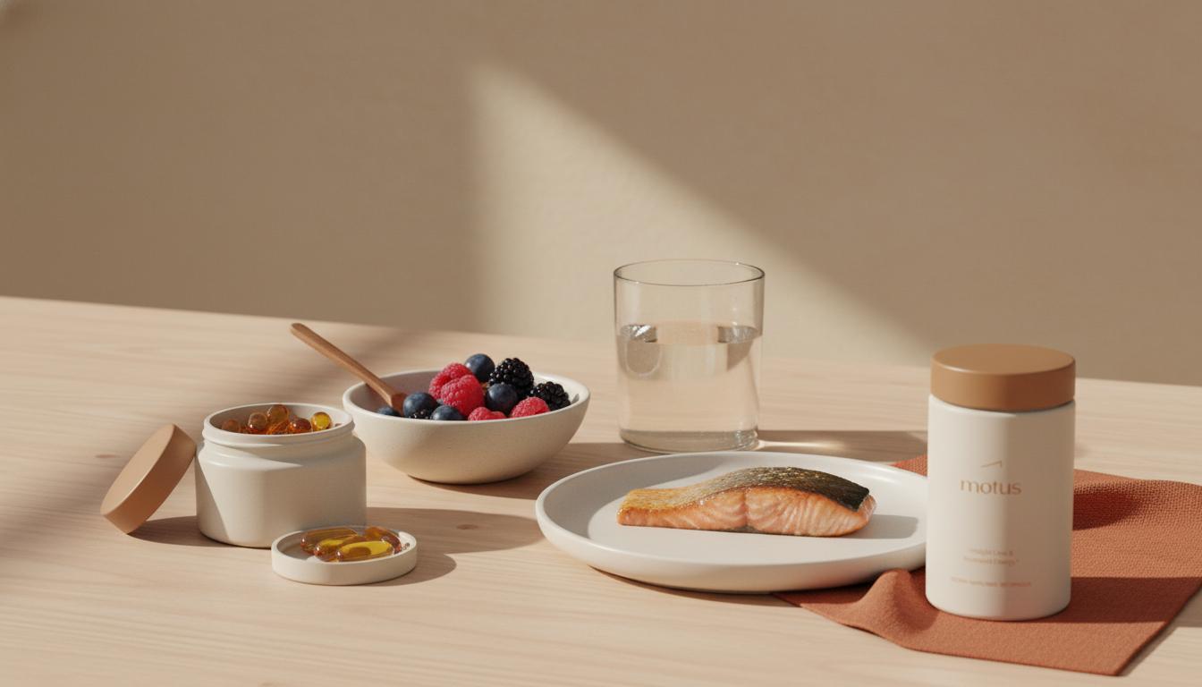 Minimalist kitchen counter with Tonum supplement jar beside capsules, berries, oily fish and a glass of water in soft morning light — best supplements for memory