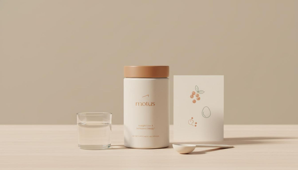 Does creatine make you look leaner? Tonum Motus jar from reference photos beside a glass of water and measuring spoon on pale wood with subtle berry and egg icons.