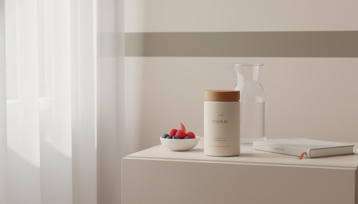 Minimalist morning bedside scene with Tonum Motus supplement jar beside a water carafe, bowl of berries and closed notebook on a #F2E5D5 background, designed to support readers who want to lose 20 pounds asap.
