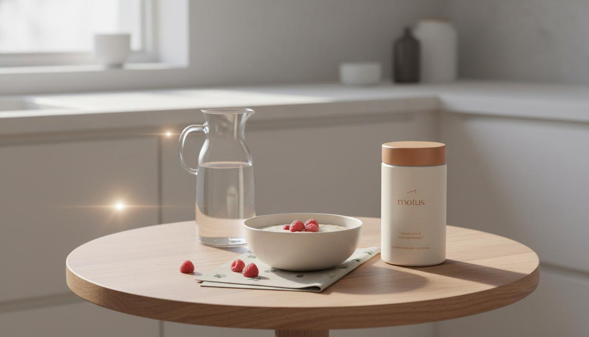 Minimalist kitchen still life with Tonum Motus supplement jar beside porridge and carafe, evoking B12 deficiency weight loss and gentle morning wellness