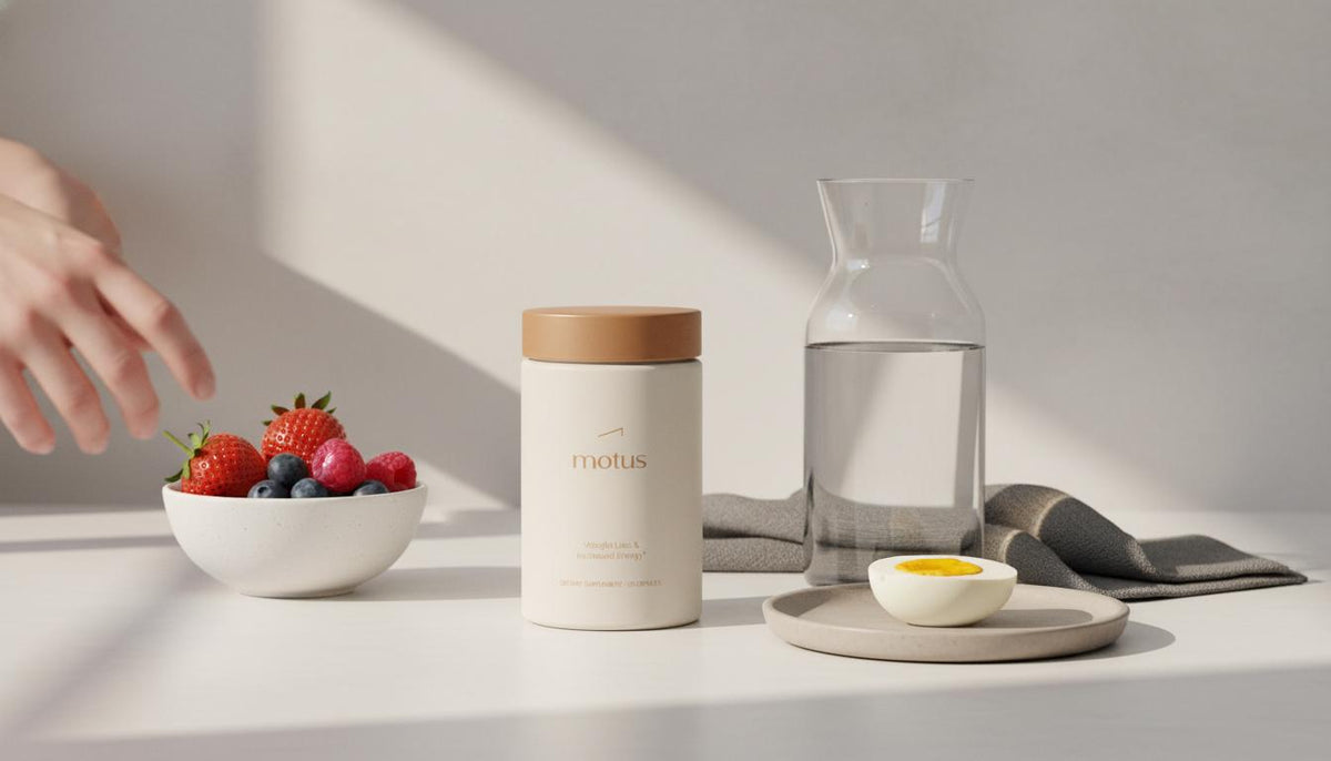Minimalist kitchen counter with Tonum Motus bottle, bowl of berries, boiled egg and carafe of water on a #F2E5D5 background, promoting healthy routines to lose weight quickly naturally