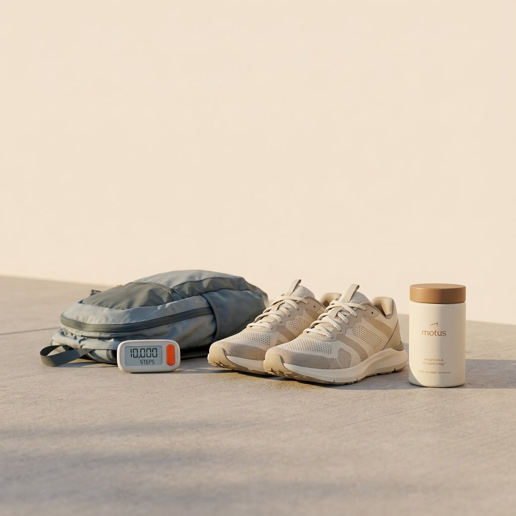 Minimalist still-life of shoes, daypack, pedometer and Tonum supplement jar on a sunrise path illustrating a calm walking habit and 10,000 steps calories
