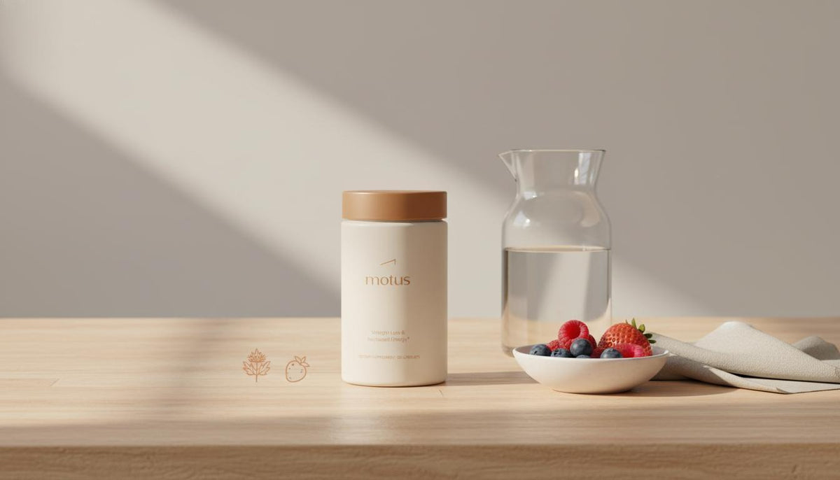 Minimal kitchen table scene with Tonum Motus container beside a carafe, bowl of berries and milk thistle icon on a #F2E5D5 background — best greens powder