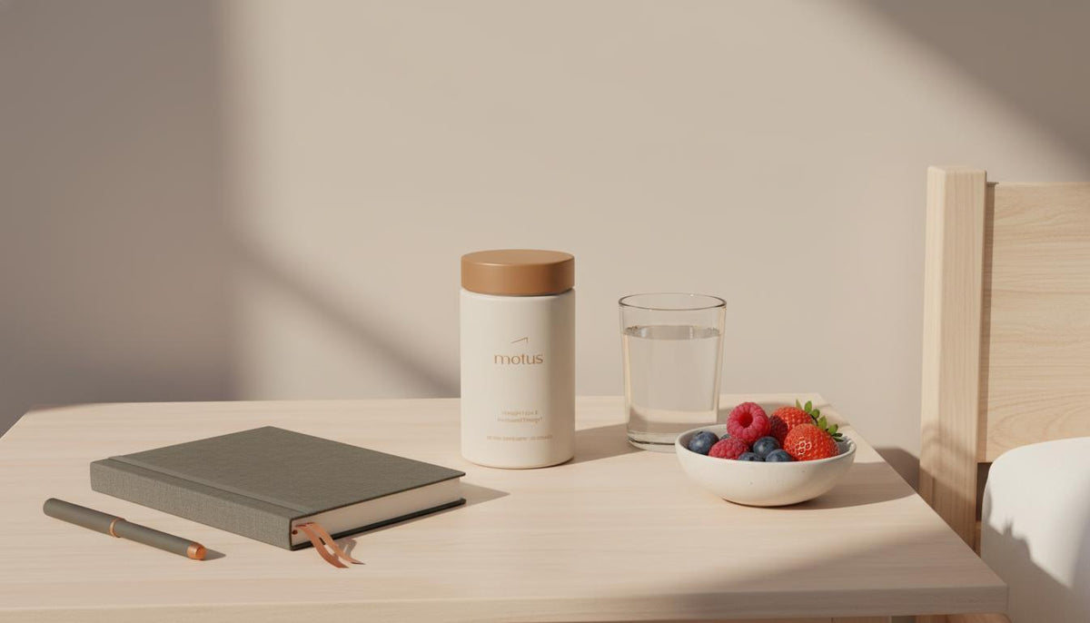 Minimal bedside scene with Tonum Motus supplement jar beside a glass of water, small bowl of berries and folded journal on a beige background — best B vitamin for weight loss