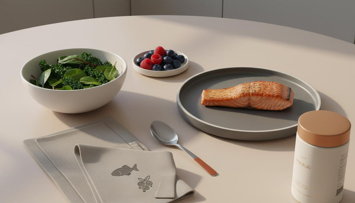 Minimalist still-life of leafy greens, berries and a fatty fish fillet with a Tonum Nouro jar at the edge — best food to prevent dementia in a calm beige kitchen scene.