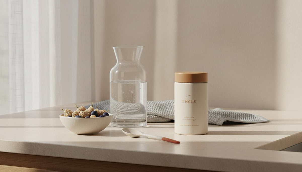 Minimalist kitchen still life with Tonum Motus jar, carafe of water and bowl of berries suggesting daily wellness routine — how long until collagen helps with weight loss