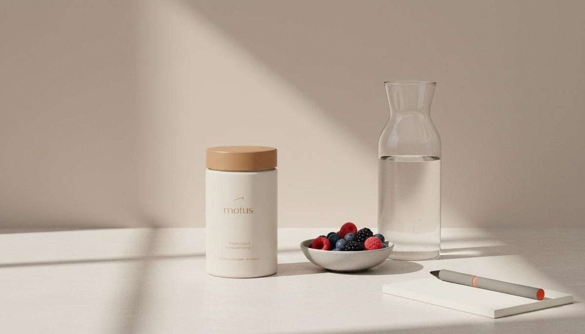 Minimalist kitchen counter with Motus supplement jar, glass carafe, bowl of mixed berries and notepad in soft morning light — weight loss medication safety