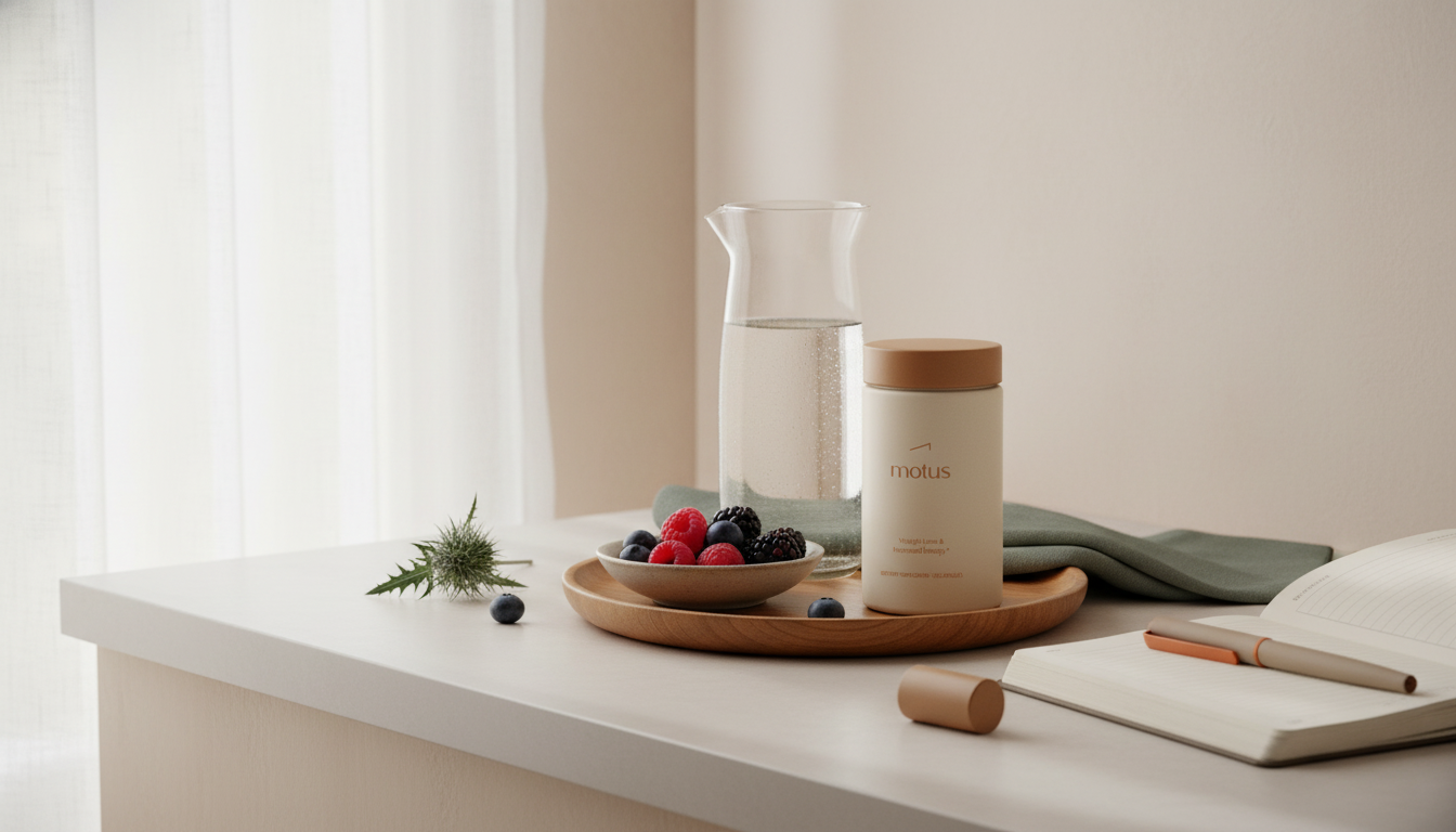 Minimalist morning counter with Tonum Motus supplement jar beside a bowl of berries, glass carafe and open journal in soft natural light — ideal 14 day metabolism reset visual.