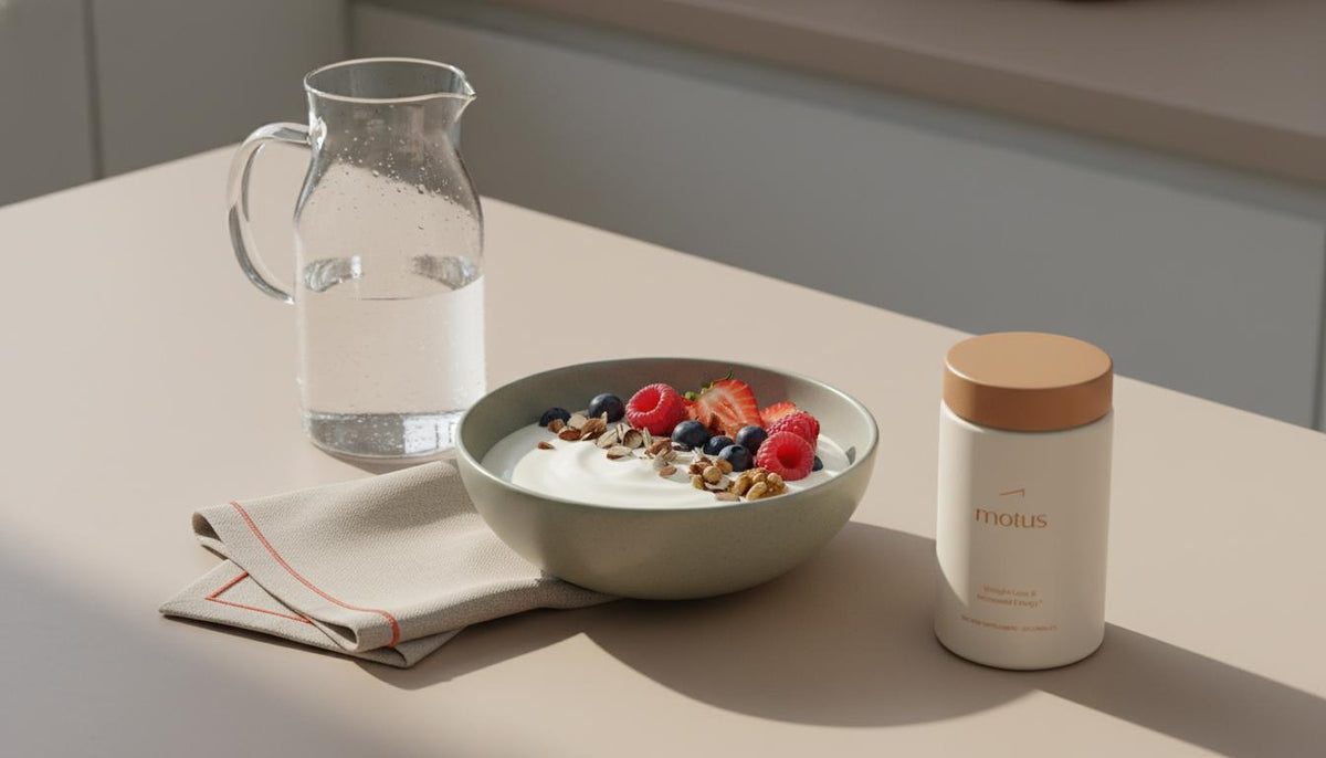 Minimalist morning still life with yogurt bowl, berries, water carafe and Tonum Motus container — calm clinical-meets-lifestyle image for a 14 days no sugar program.