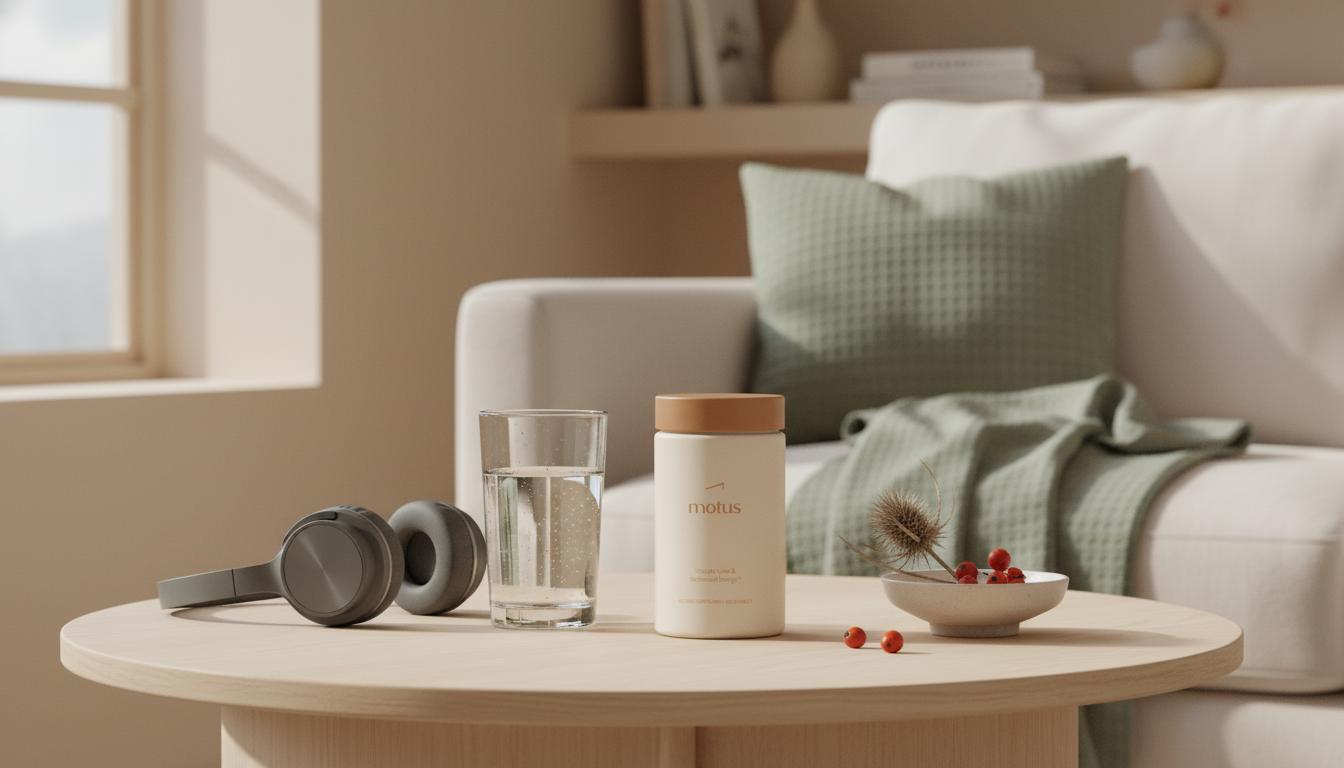 Minimalist midlife living room still life with Tonum supplement jar, glass of water, headphones and botanical dish, evoking Drew Barrymore menopause health lifestyle.