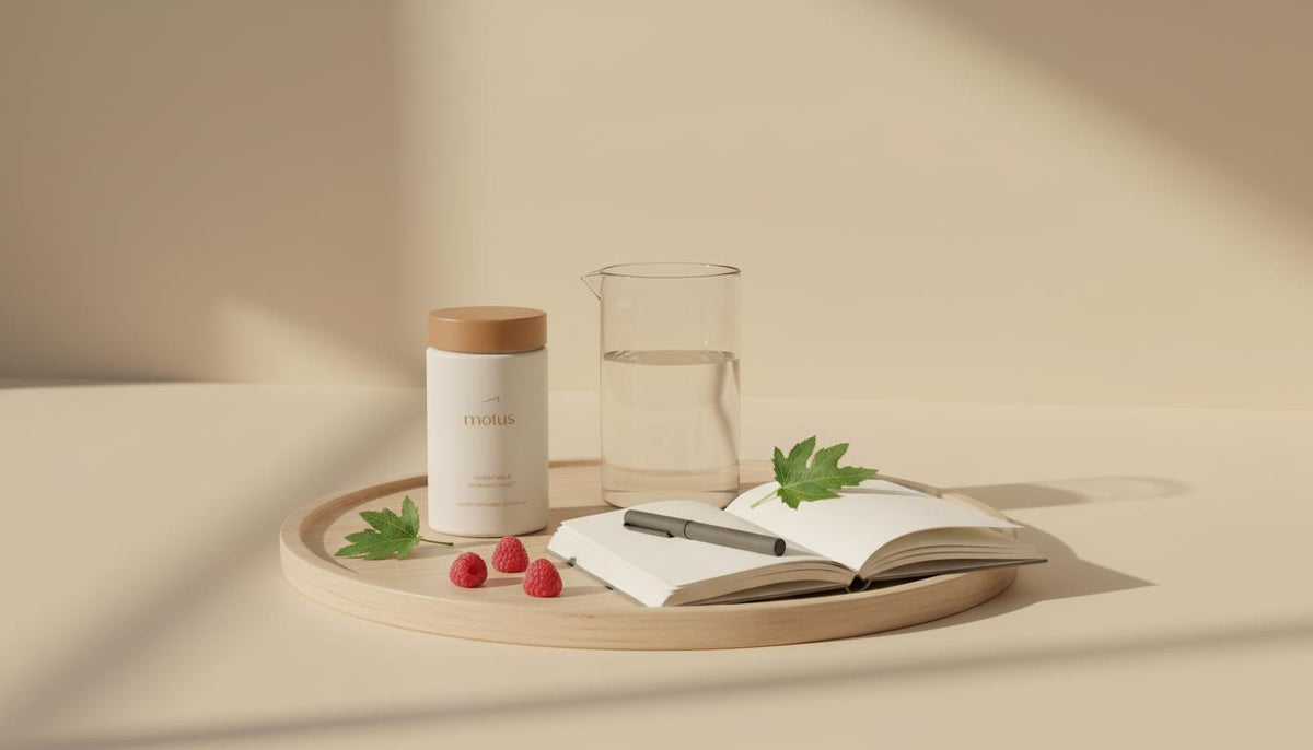 Minimalist morning kitchen scene with Tonum Motus jar on a wooden tray beside a glass carafe, open journal, berries and milk thistle leaves — functional nutritionist vs nutritionist.