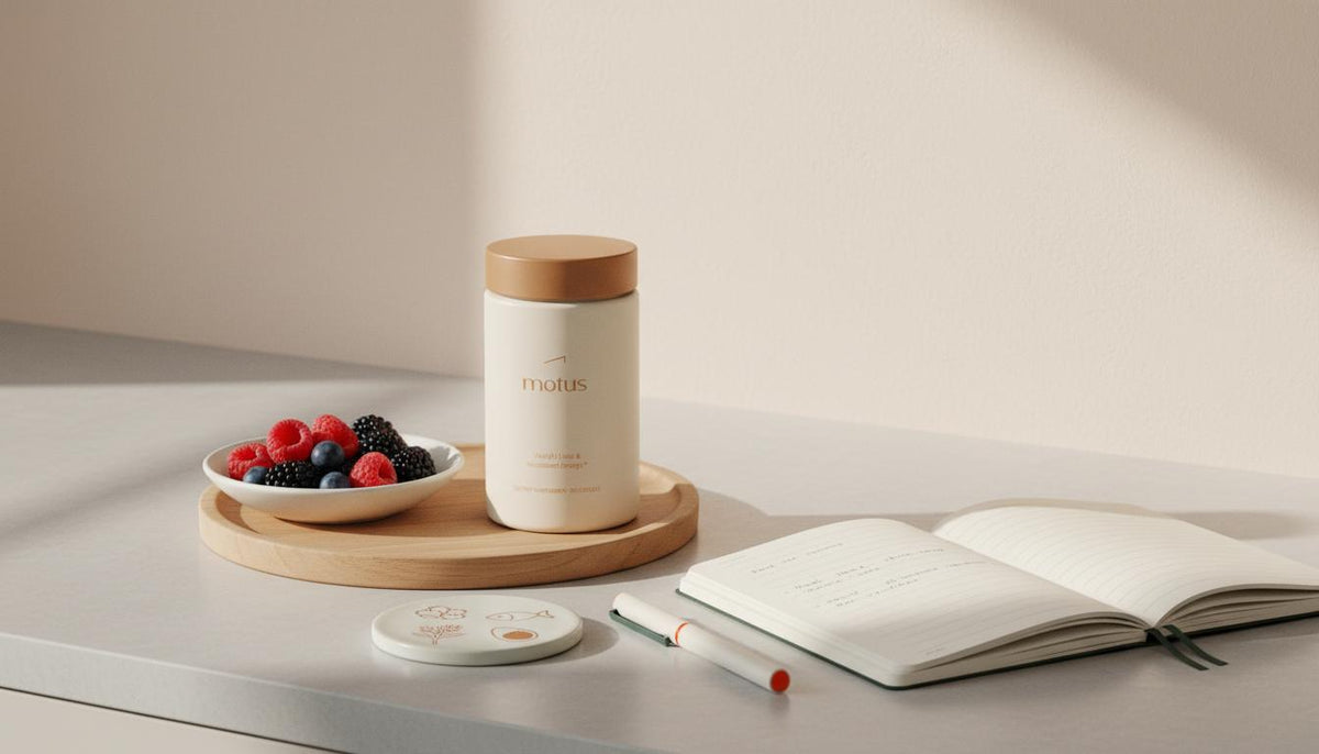 Minimalist kitchen counter with Tonum Motus bottle on wooden tray beside berries and open notebook, Tonum ingredient icons visible, promoting sustainable morning habits to lose 20 pounds in 3 months