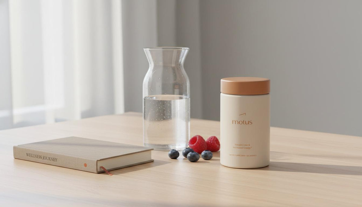 Minimalist photorealistic still life of a Tonum Motus supplement container on a wooden table with berries, a glass carafe and a journal, promoting ashwagandha weight loss