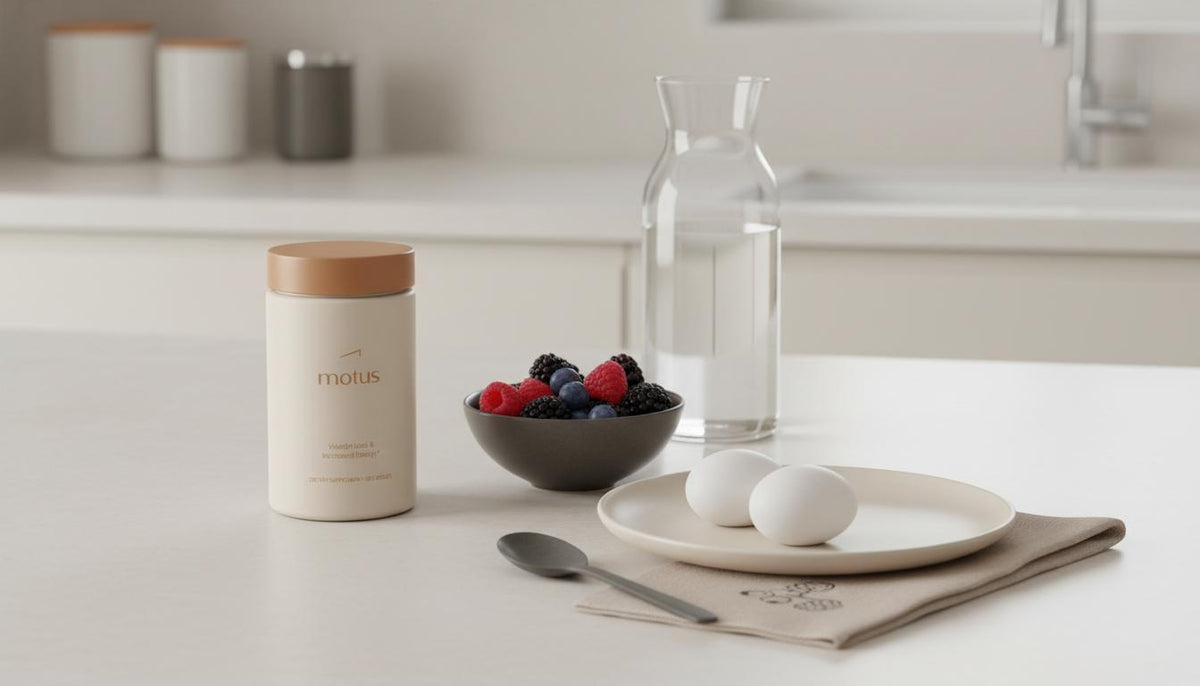 Minimalist morning scene with Tonum Motus supplement jar beside eggs, berries and water on #F2E5D5 background — how can I boost my metabolism naturally