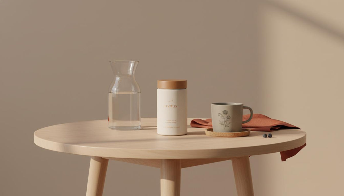 Minimalist breakfast nook with Tonum Motus supplement jar beside a glass carafe and neutral cup on a round wooden table, coaster with berries and milk thistle icons; collagen peptides for fat loss