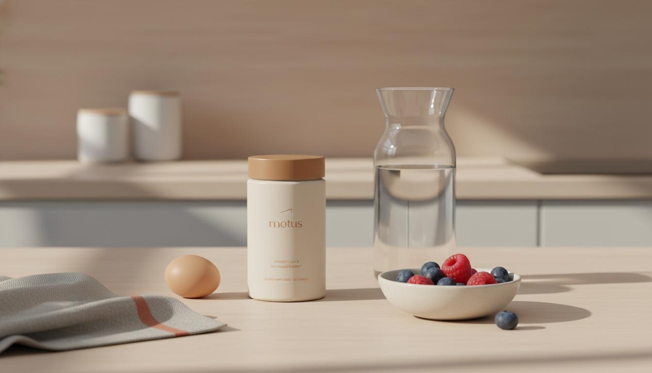 Minimalist full-frame kitchen counter with Tonum supplement jar from reference photos beside a glass carafe, bowl of berries and an egg, soft beige background #F2E5D5 highlighting creatine weight gain wellness.