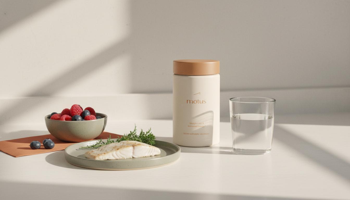 Minimalist kitchen counter still life with Tonum memory supplement jar beside berries, fish fillet, milk thistle leaves and a glass of water in a calm clinical scene.