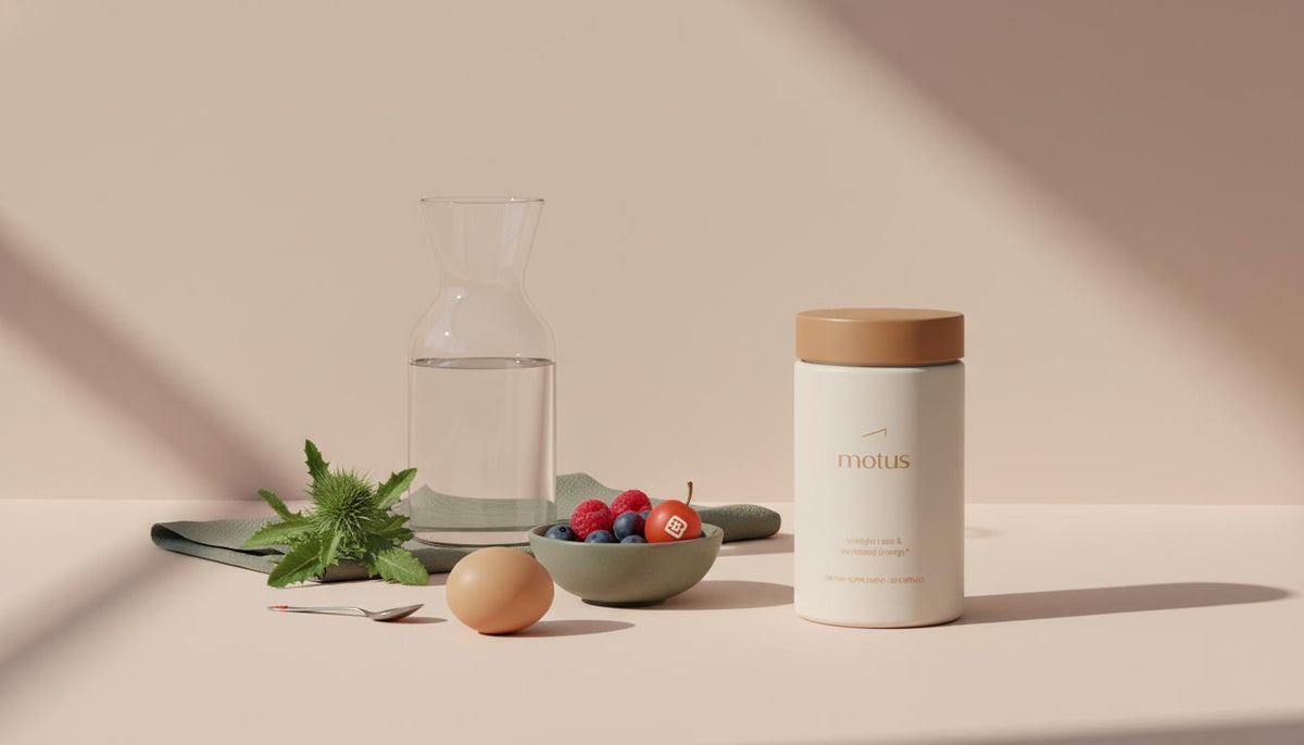 Tonum Motus jar on a clean countertop with a carafe, bowl of berries, an egg and milk thistle leaves in a minimalist scene illustrating daily habits to lose weight without exercise.