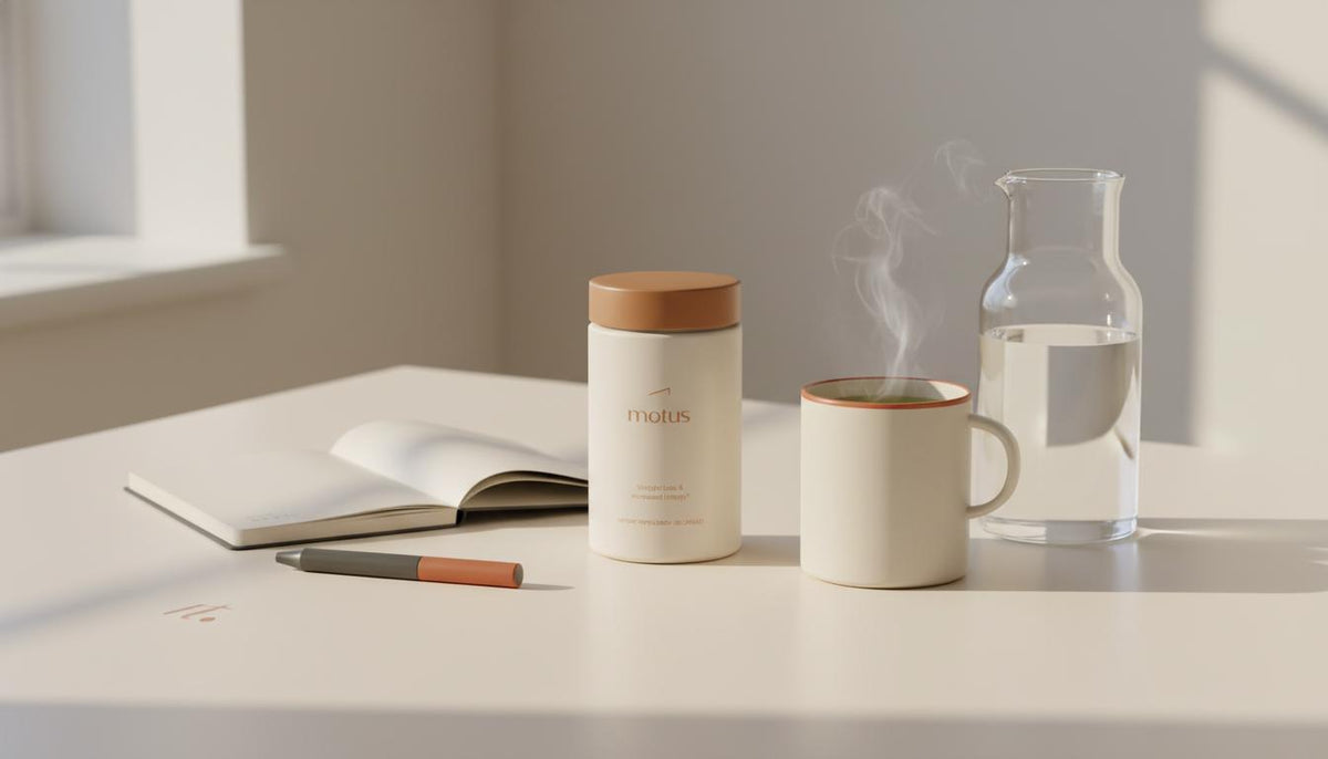Minimalist kitchen table with Tonum Motus container, steaming cup of green tea, glass carafe and notebook—calm scientific lifestyle scene illustrating green tea side effects