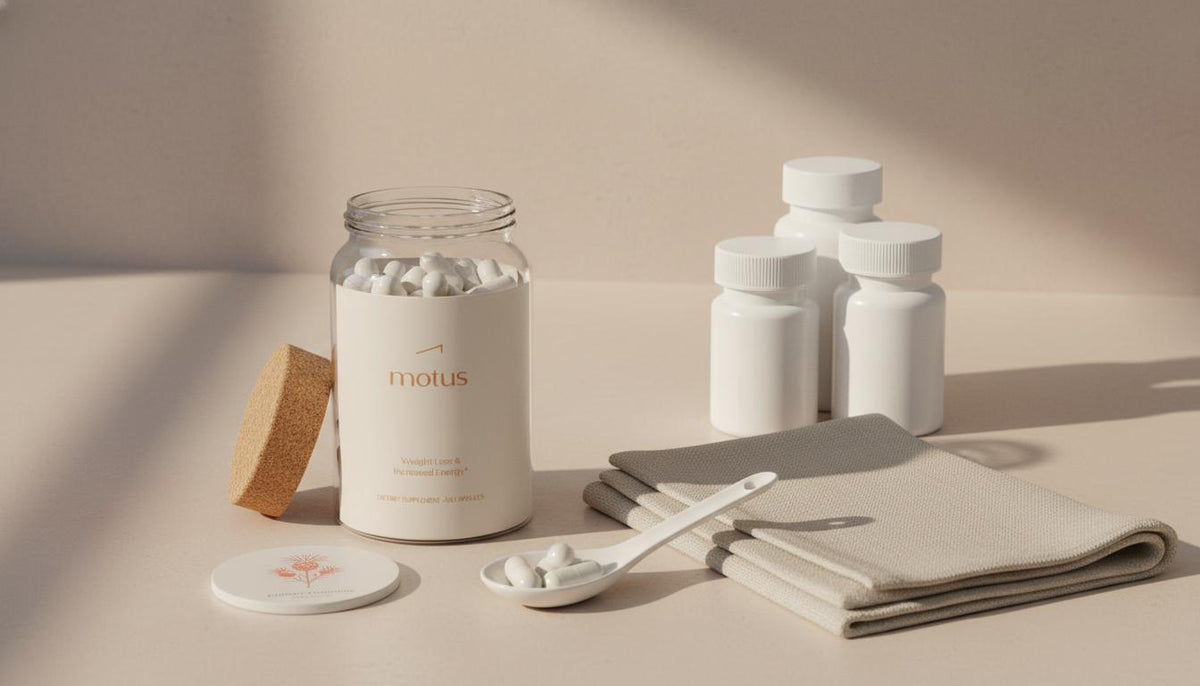 Minimal beige countertop with opened glass jar of magnesium capsules, ceramic spoon with three capsules, and unlabeled pill bottles illustrating what not to mix magnesium glycinate with