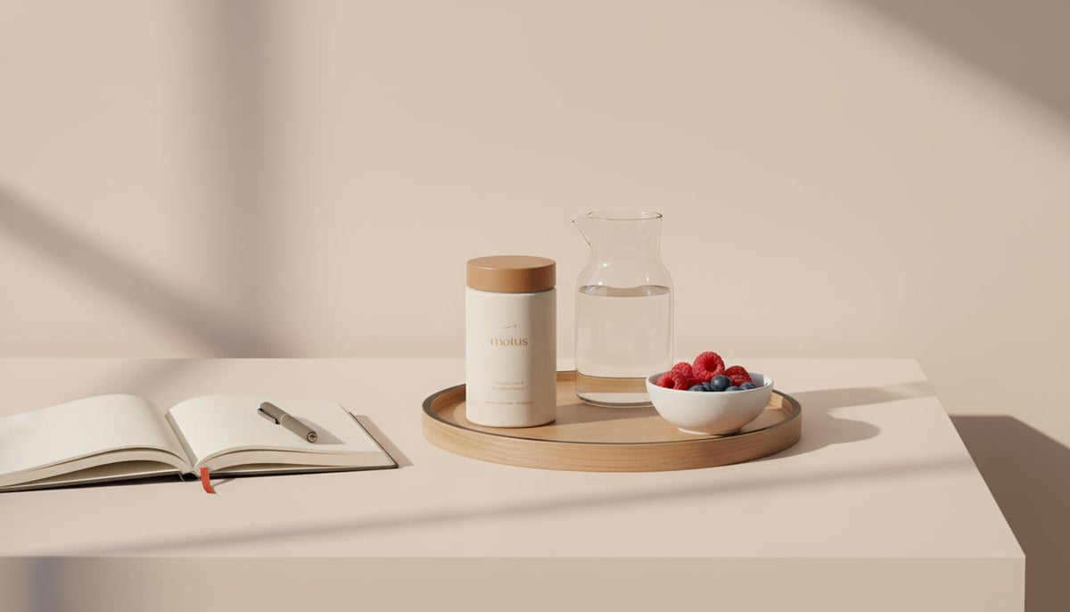 Minimalist bedside scene with Motus supplement jar beside a glass carafe, bowl of berries and open journal on pale table — how to lose weight fast when in menopause?