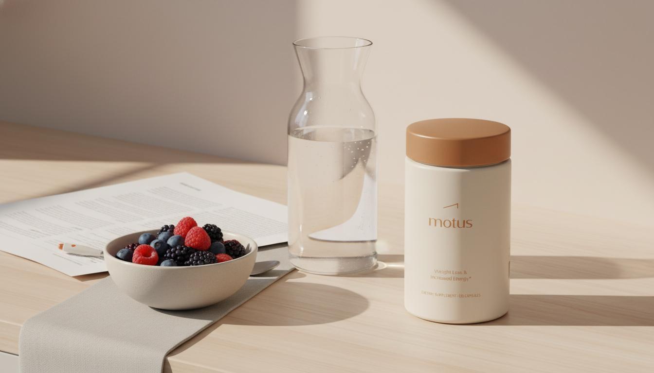 Minimalist kitchen scene with Tonum Motus supplement jar beside a bowl of berries, glass carafe and folded research paper on a wooden counter — natural Ozempic alternatives