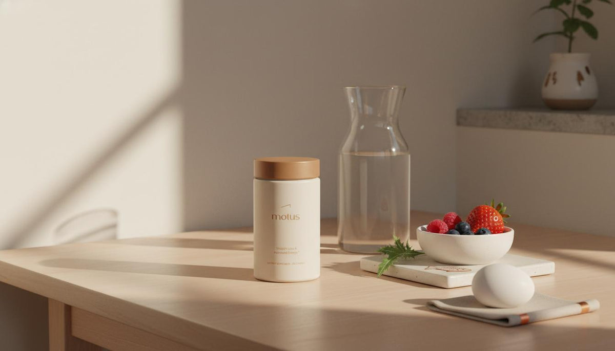 Bright minimalist photo of a Tonum Motus supplement jar on a wooden table with a carafe of water, bowl of berries and an egg — how to lose 30 lbs during menopause
