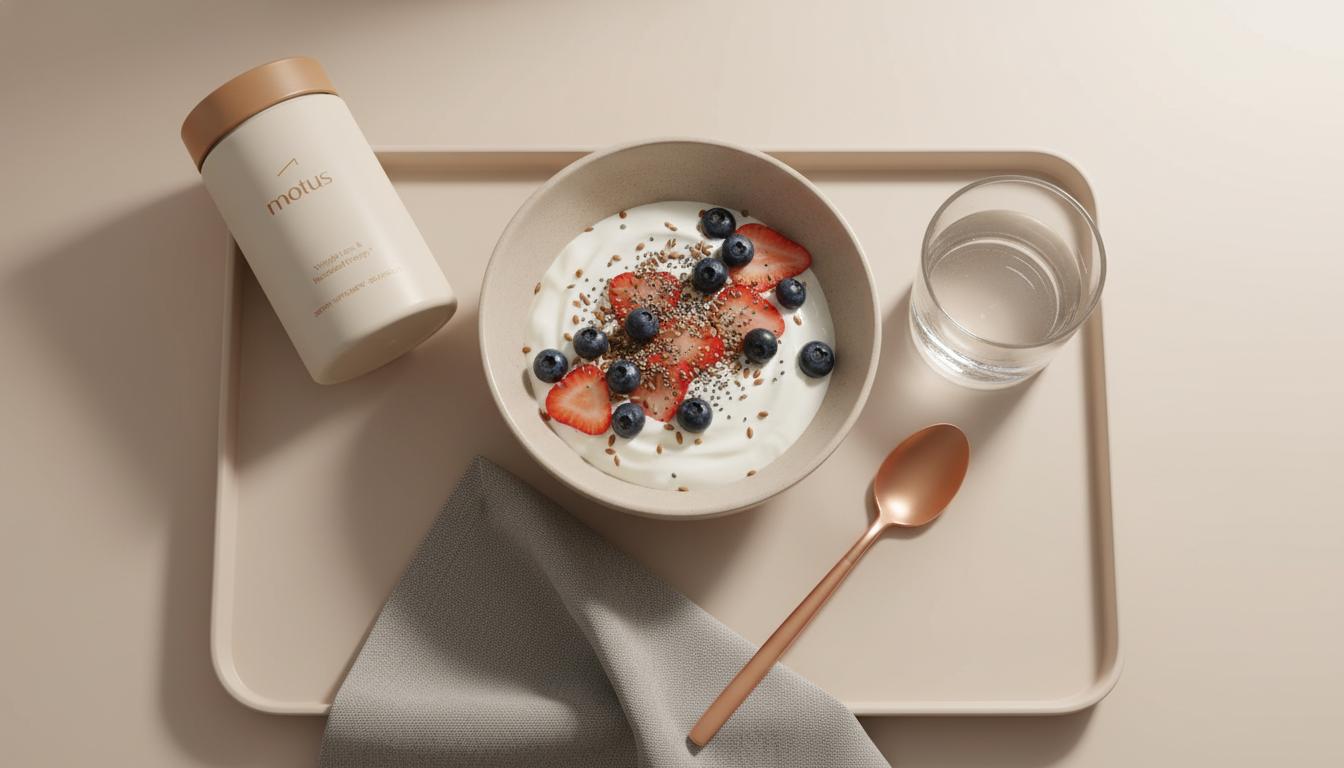 Minimalist breakfast with Greek yogurt, berries, water glass and a Tonum Motus supplement jar on a beige tray, illustrating a 21-day metabolic reset morning ritual.