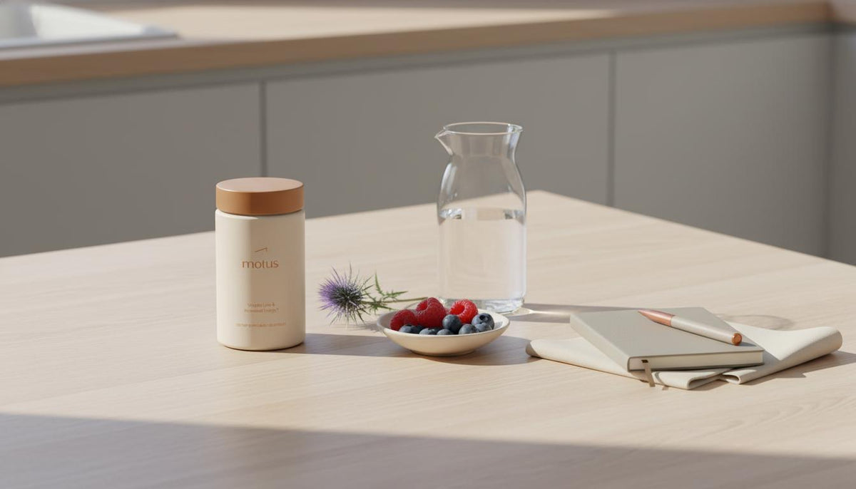 Minimalist kitchen table scene with Tonum Motus supplement beside berries, milk thistle, a glass carafe and notebook — do fat burners work for belly fat