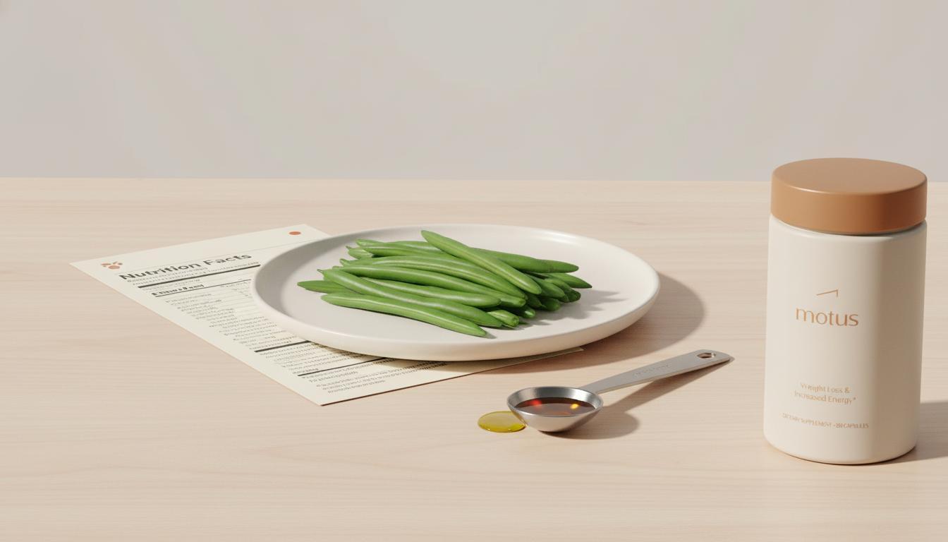Minimalist plate of steamed green beans with a Tonum Motus supplement jar, measuring spoon of olive oil and nutrition facts — do green beans burn belly fat
