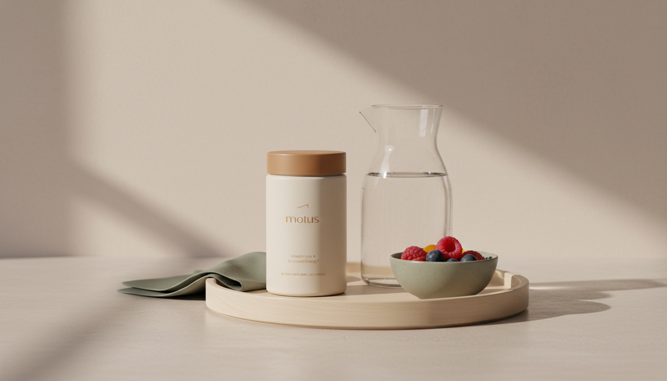 Minimal kitchen counter with a Tonum Motus supplement jar on a wooden tray beside a carafe and bowl of berries, evoking mindful habits and a 24 hour fast.