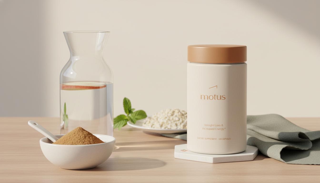 Minimalist still-life of ground Ceylon cinnamon in a ceramic bowl with a Tonum supplement jar and clear carafe, styled for cinnamon for blood sugar article