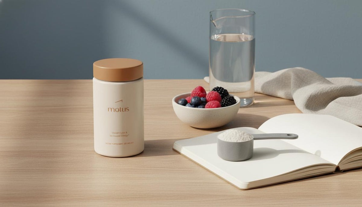 Minimalist wooden-table scene with Tonum Motus jar, open notebook with measured protein scoop, bowl of mixed berries and water carafe — best protein powder for weight loss