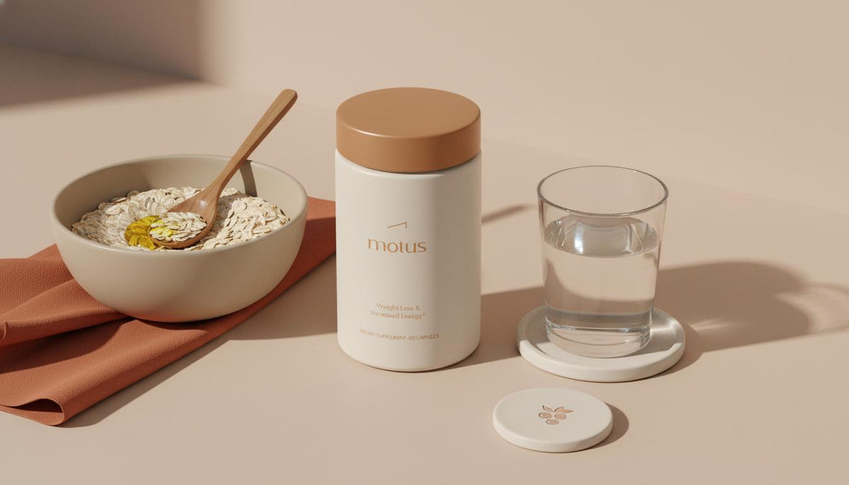 Minimal kitchen counter with Tonum Motus supplement jar, bowl of oats drizzled with oil and a glass of water — illustrating MCT oil dosage for weight loss in a calm, scientific lifestyle scene.