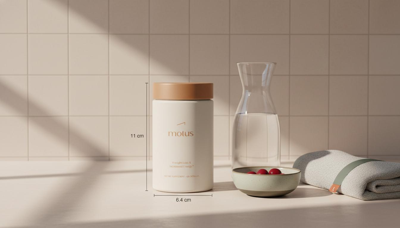 Motus supplement jar on a minimalist kitchen counter with berries and water; should women take creatine when losing weight?