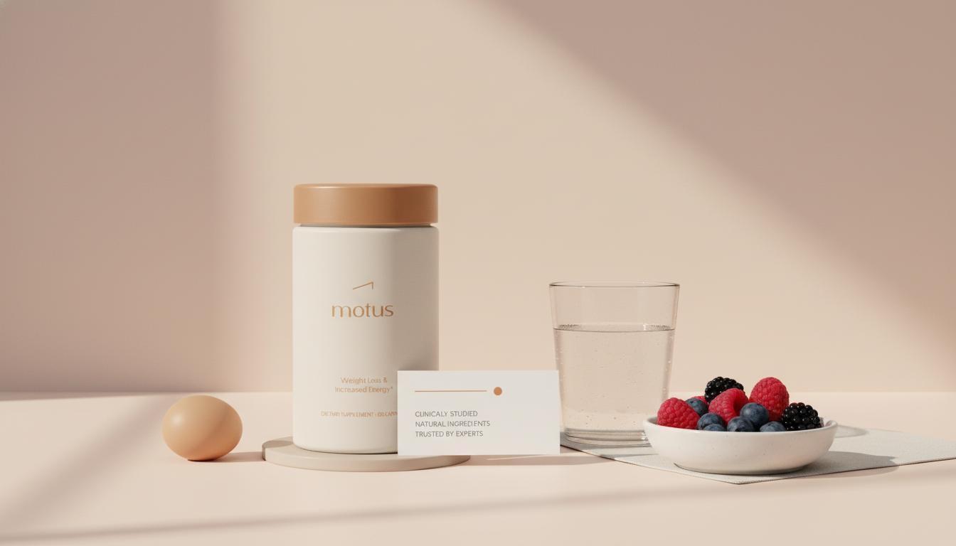 Minimal kitchen counter with Tonum supplement jar beside an egg, small bowl of berries, and a glass of water under soft side light; small research card visible — conjugated linoleic acid