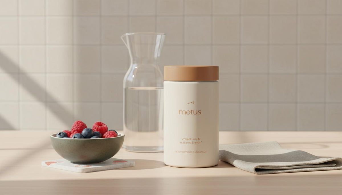 Motus supplement jar with mixed berries, glass carafe and linen napkin on a clean beige tiled table in Tonum style — probiotics to speed up metabolism
