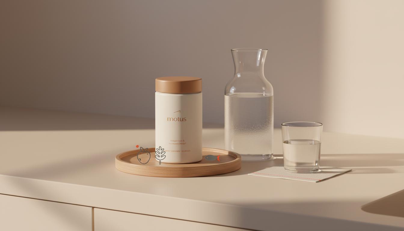 Minimalist sunlit kitchen counter with Tonum Motus supplement jar beside a glass carafe and small berry, milk thistle and fish icons — benefits of taking water pills